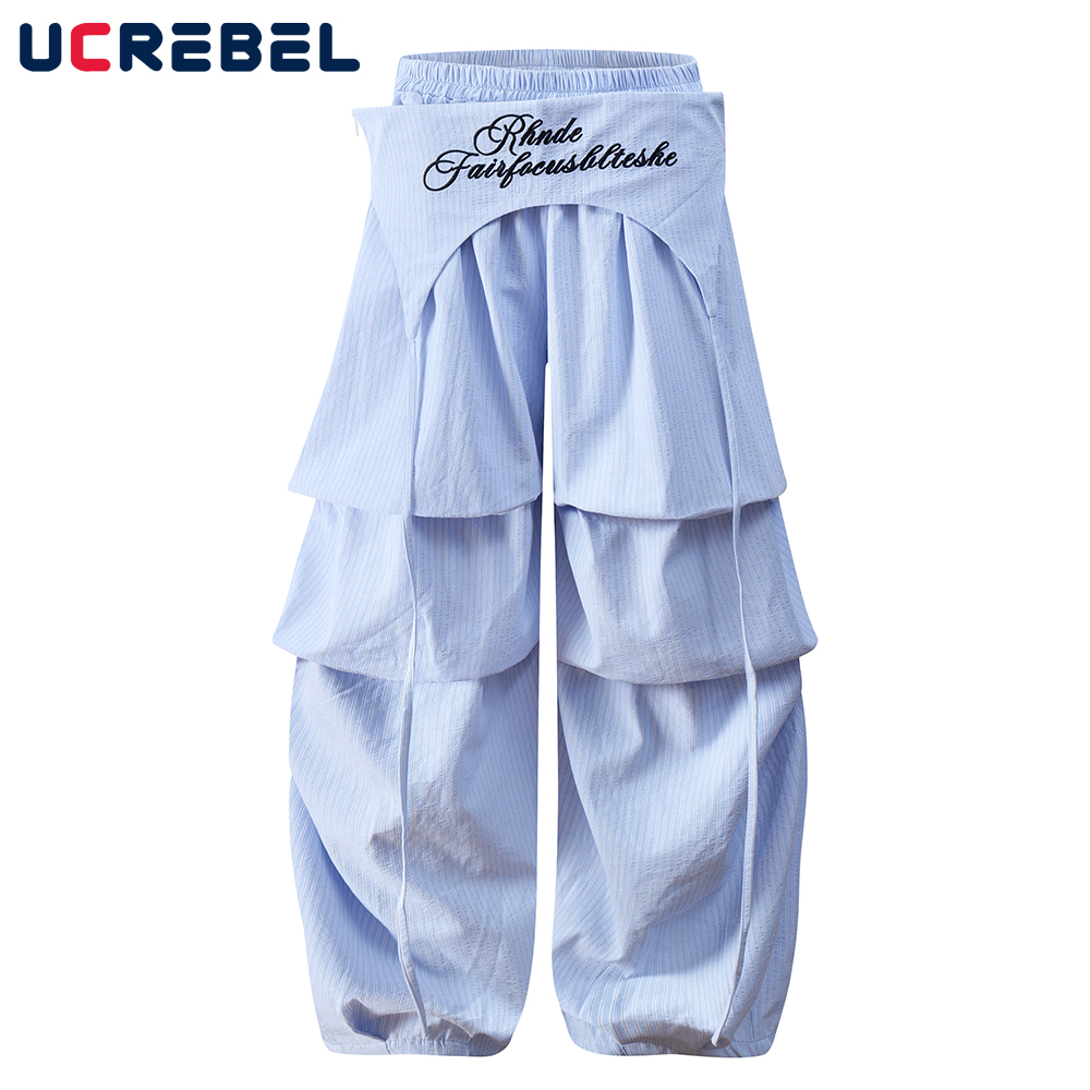 Embroidery Font - Letter Embroidery Striped Wide Leg Pants
