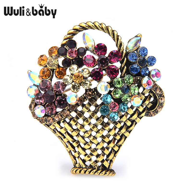Embroidery Fonts - Wuli&baby Rhinestone Flower Basket Brooches Women