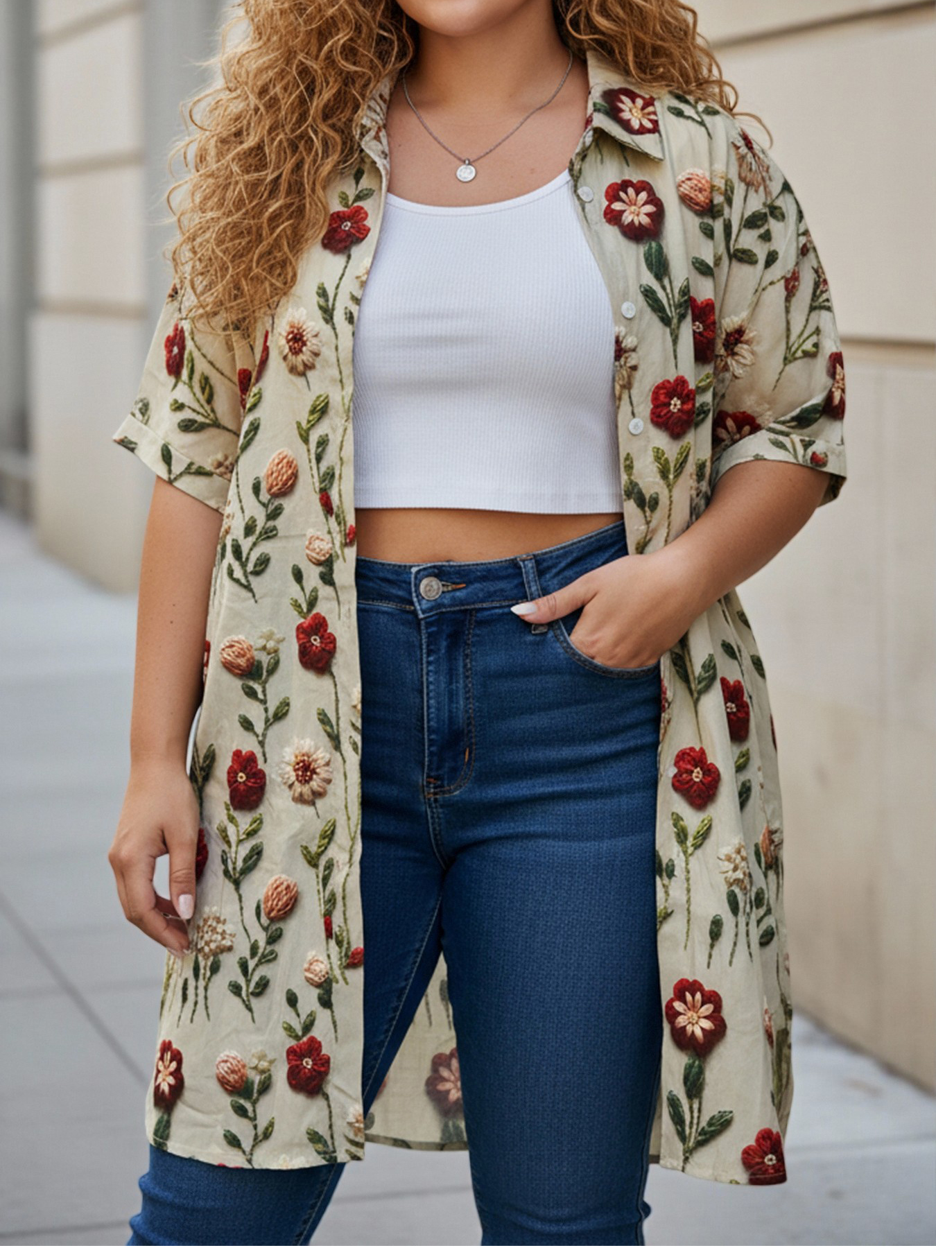Embroidery Blouse - Plus Size Women's Longline Oversized Shirt