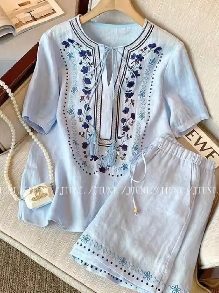 Vintage Ethnic Blue 2CPS Set F - Embroidery Cotton Shirt review and price