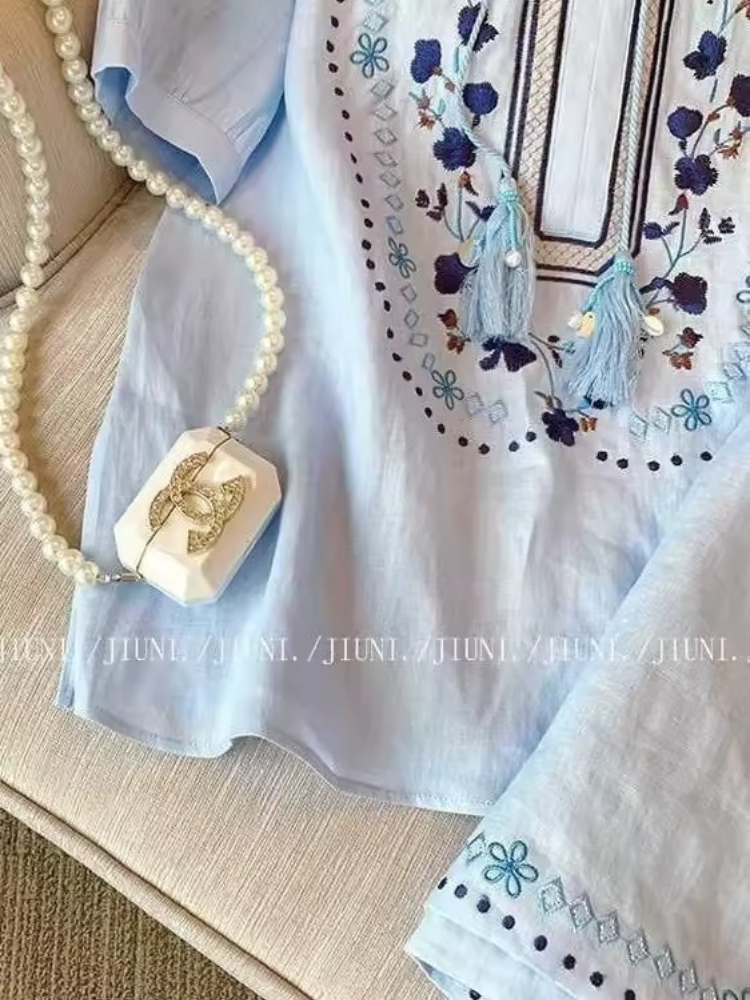 Vintage Ethnic Blue 2CPS Set F - Embroidery Cotton Shirt review and price