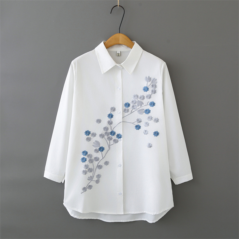 Women Plus Size Long Sleeve Co - Embroidery Cotton Shirt review and price
