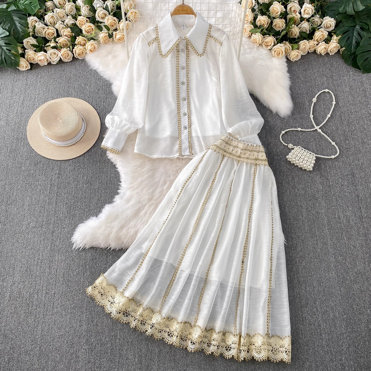 Elegant Shirt Skirt Suit Women - Embroidery Blouse review and price