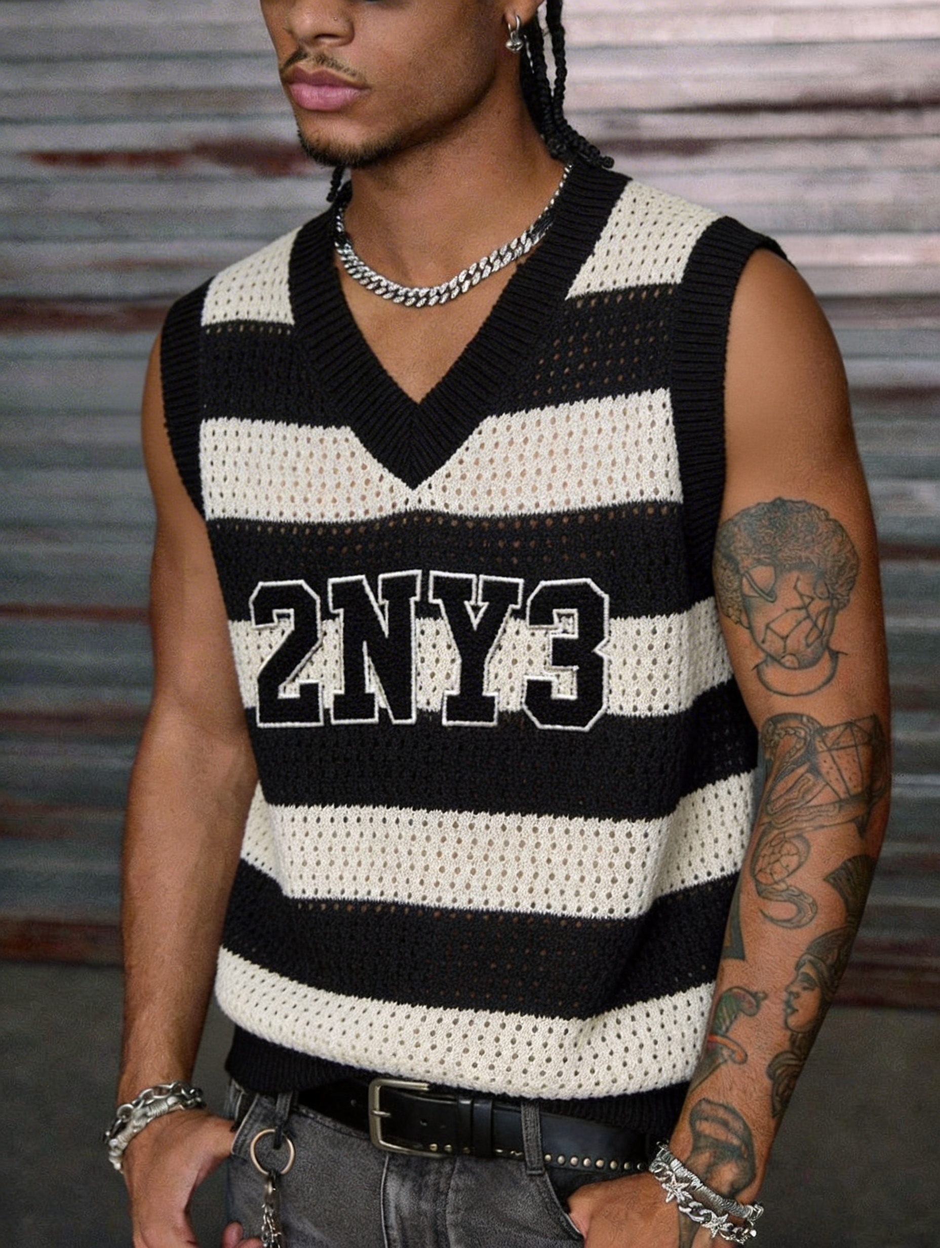 Men's V-Neck Striped Crochet K - Embroidery Font review and price
