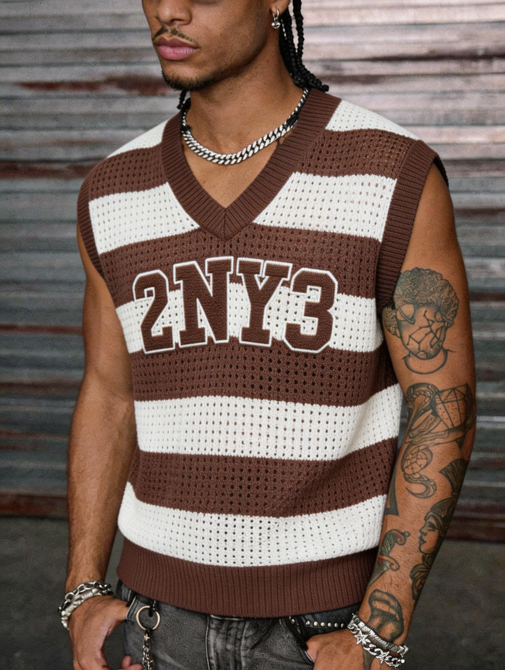 Men's V-Neck Striped Crochet K - Embroidery Font review and price
