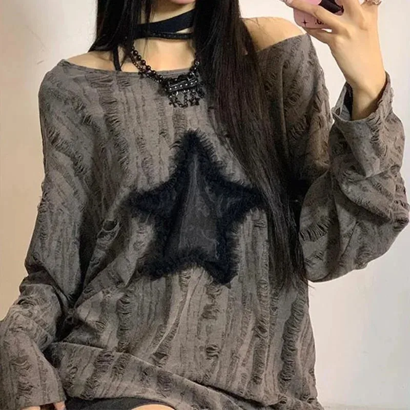 Y2K Hole Star Print T-Shirt Wo - Embroidery Blouse review and price