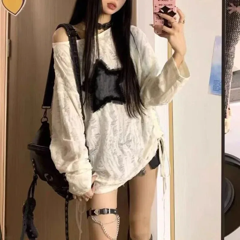 Y2K Hole Star Print T-Shirt Wo - Embroidery Blouse review and price